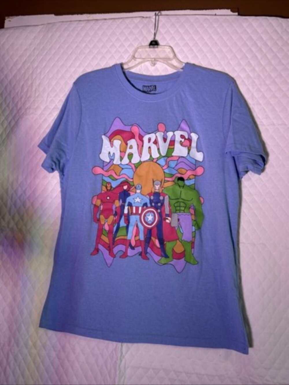 Marvel Avengers Shirt Large Blue Graphic Crew Neck Short Sleeve Stretch Cartoon